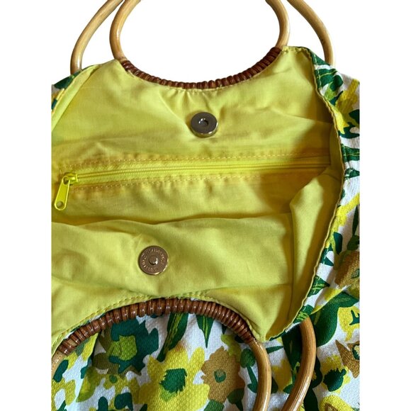 Vintage Floral Print Round Bamboo Handle Bag With Yellow Lining & Magnetic‎ Snap - Picture 5 of 6